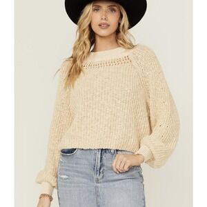Cleo‎ + Wolf Women's Large Open Weave Cropped Boxy Sweater Oatmeal Boho Western
